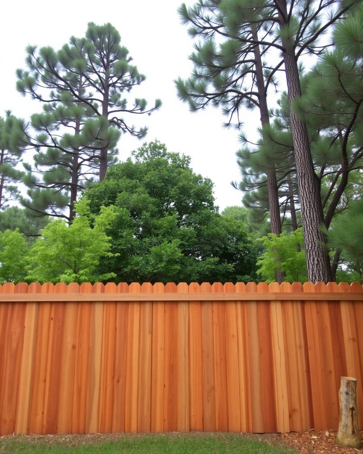 Cedar-toned wood privacy fence recently built in a shaded Cypress-area Houston backyard