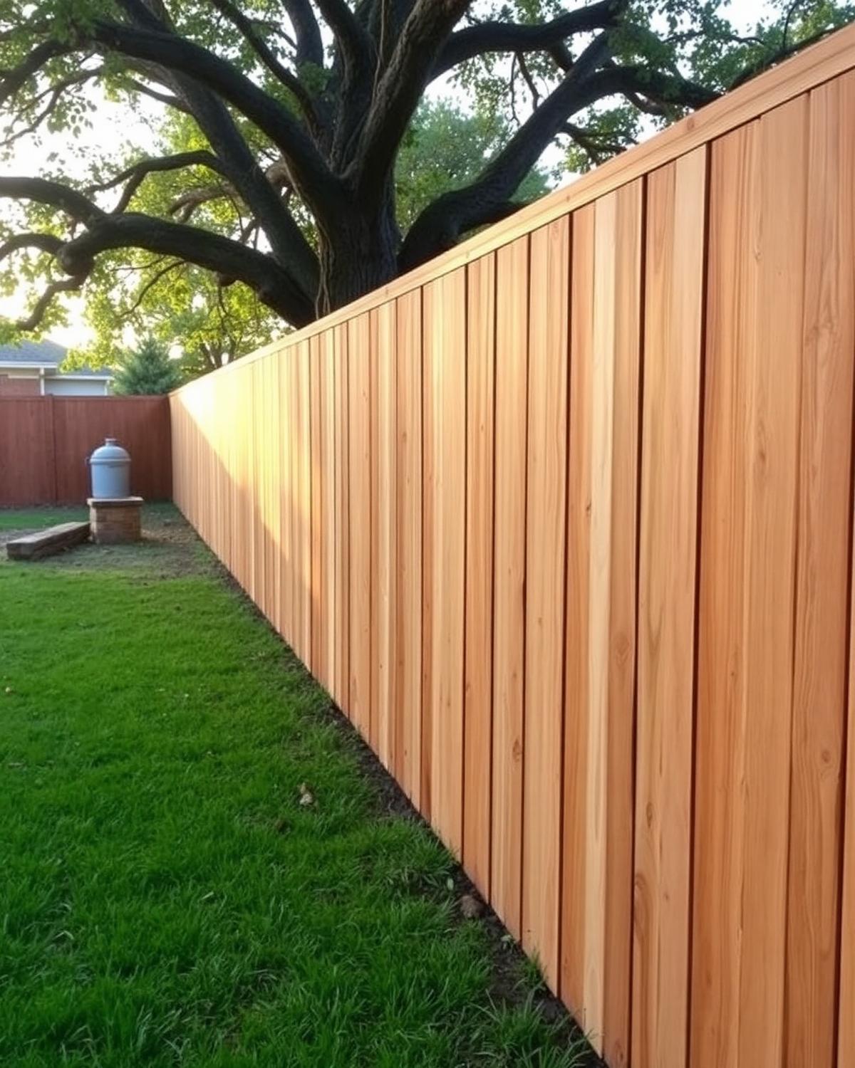 Newly installed cedar privacy fence in an Austin, Texas backyard beneath a mature live oak