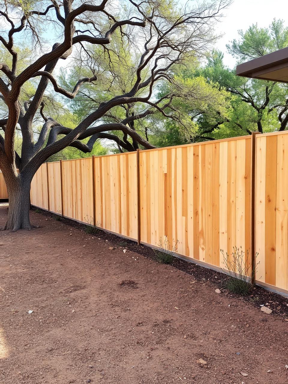 Newly installed cedar privacy fence in a San Antonio, Texas backyard shaded by live oak trees