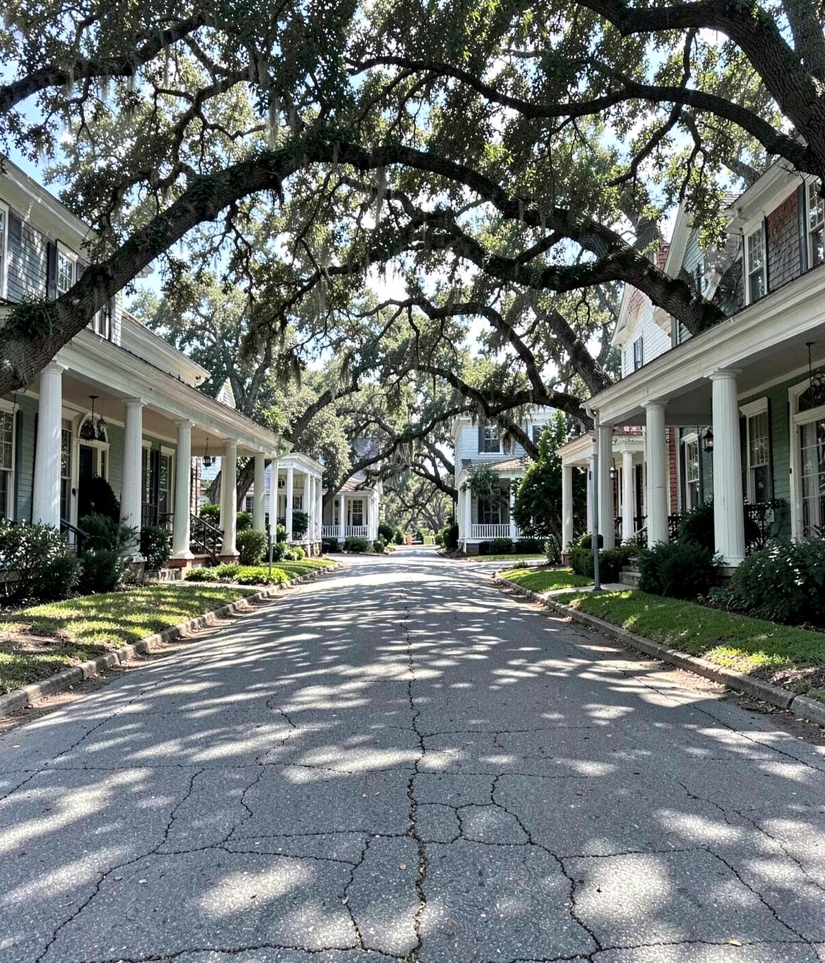 Shaded street of older southern homes with deep columned porches beneath mature spreading oaks and dappled sunlight on cracked asphalt