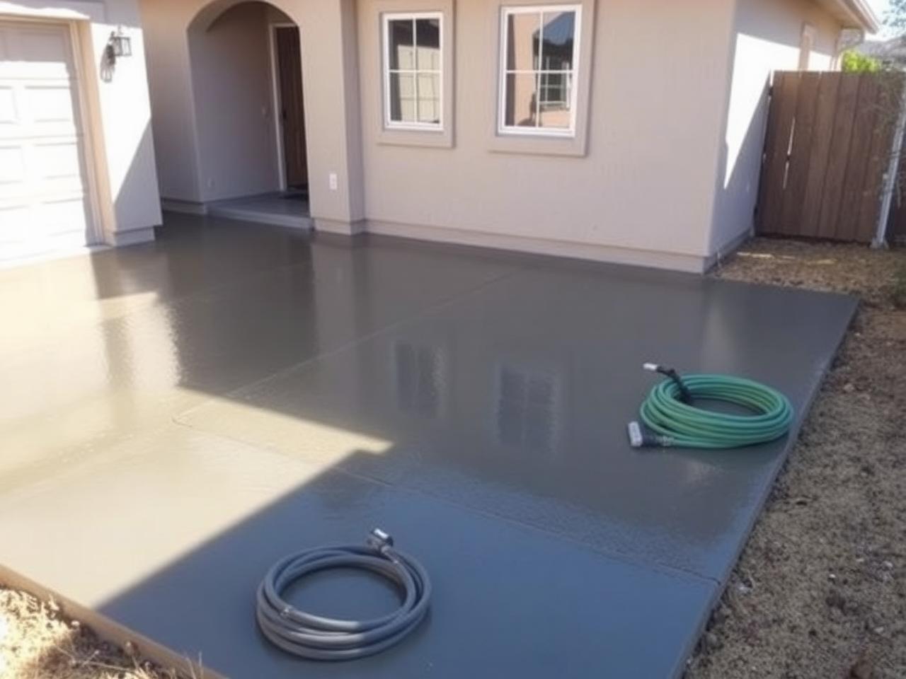 Concrete contractor pouring a new driveway to replace a heat-cracked slab in a Woodward Park, Fresno home