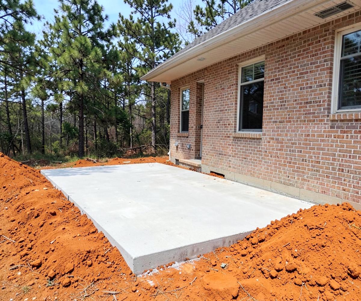 Freshly poured concrete driveway leading to a brick suburban home with red clay soil at the edges