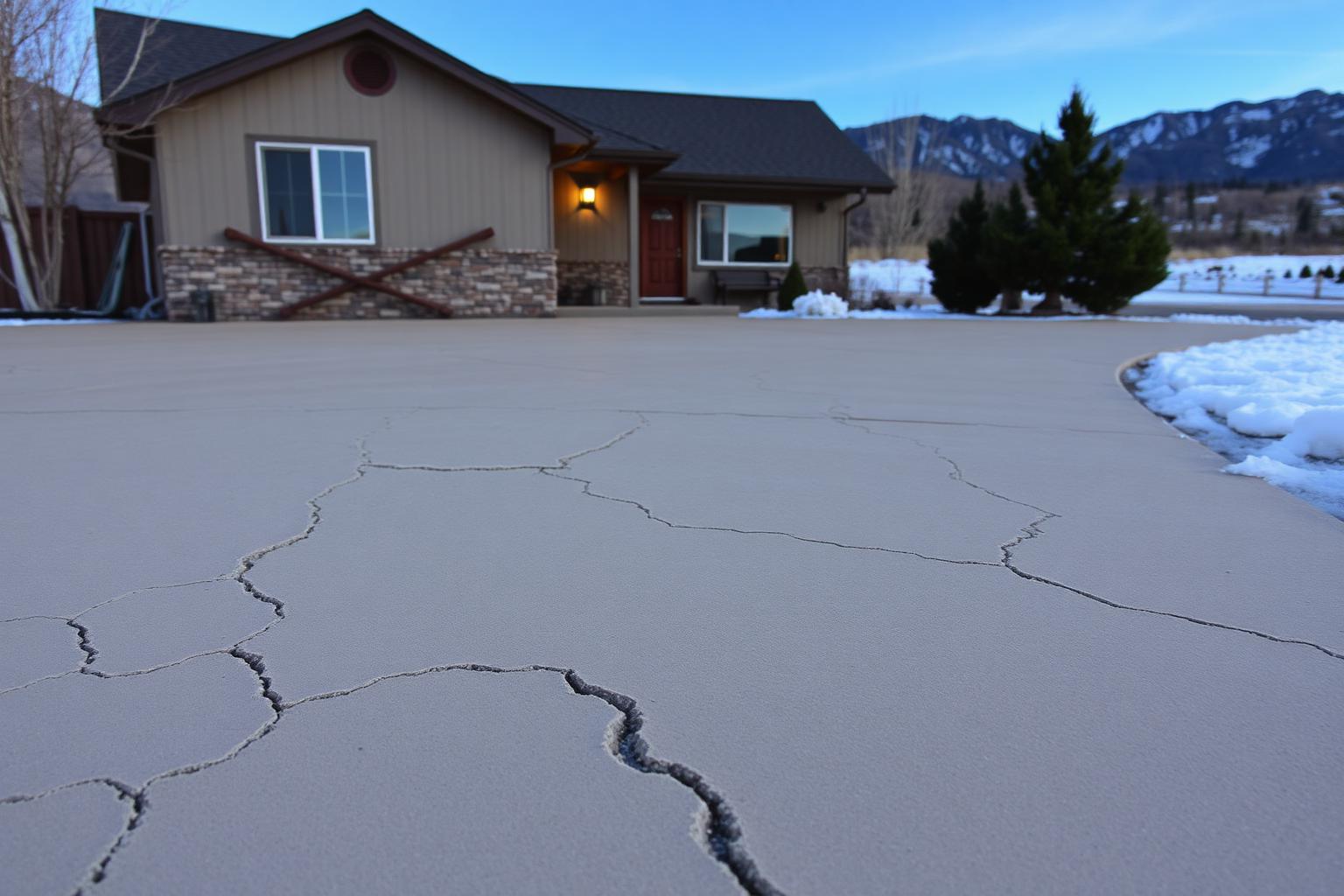 Freeze-thaw cracked concrete driveway outside a Provo home after a hard winter