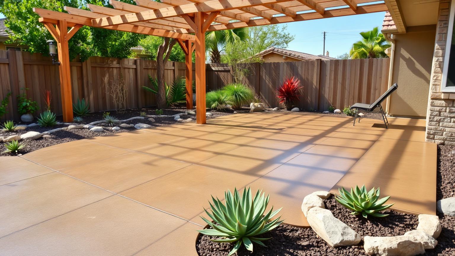 Concrete patio poured for year-round outdoor living in a Carmel Valley, San Diego backyard