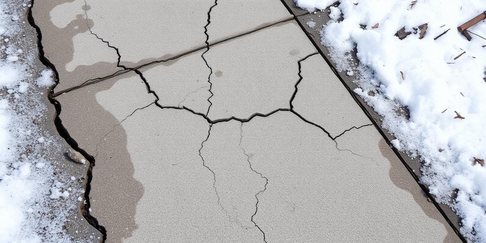 Concrete sidewalk showing salt and freeze-thaw damage after a Lake Erie winter