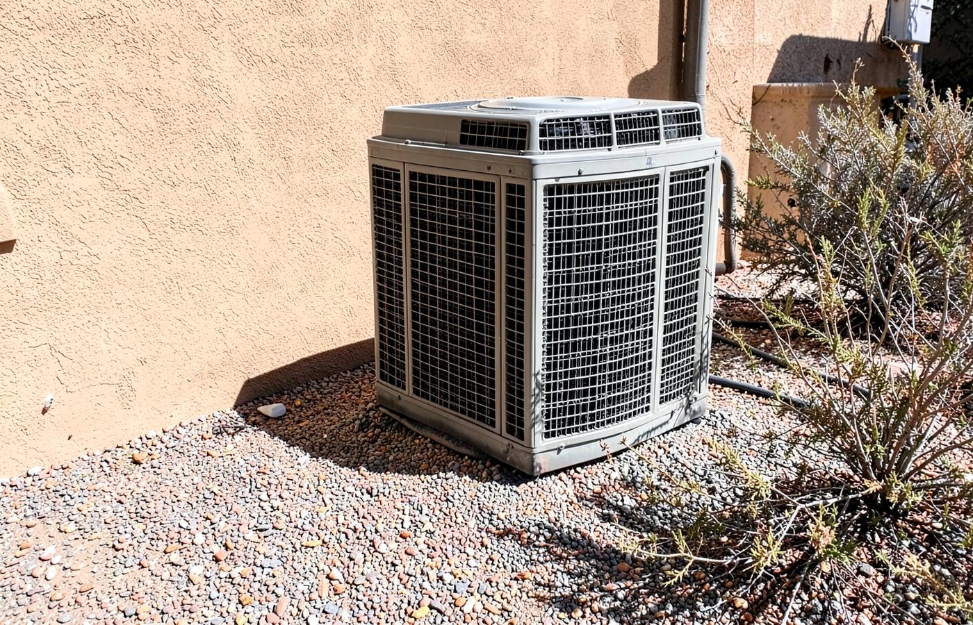 Residential air conditioning condenser on a gravel pad beside a tan stucco wall in harsh sunlight