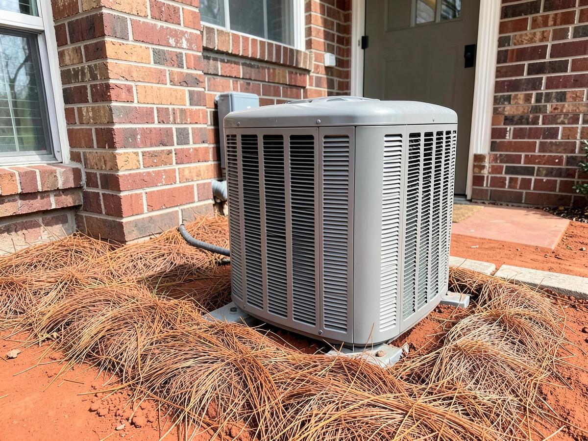 Outdoor residential air conditioning condenser beside a brick suburban house with mulched shrubs
