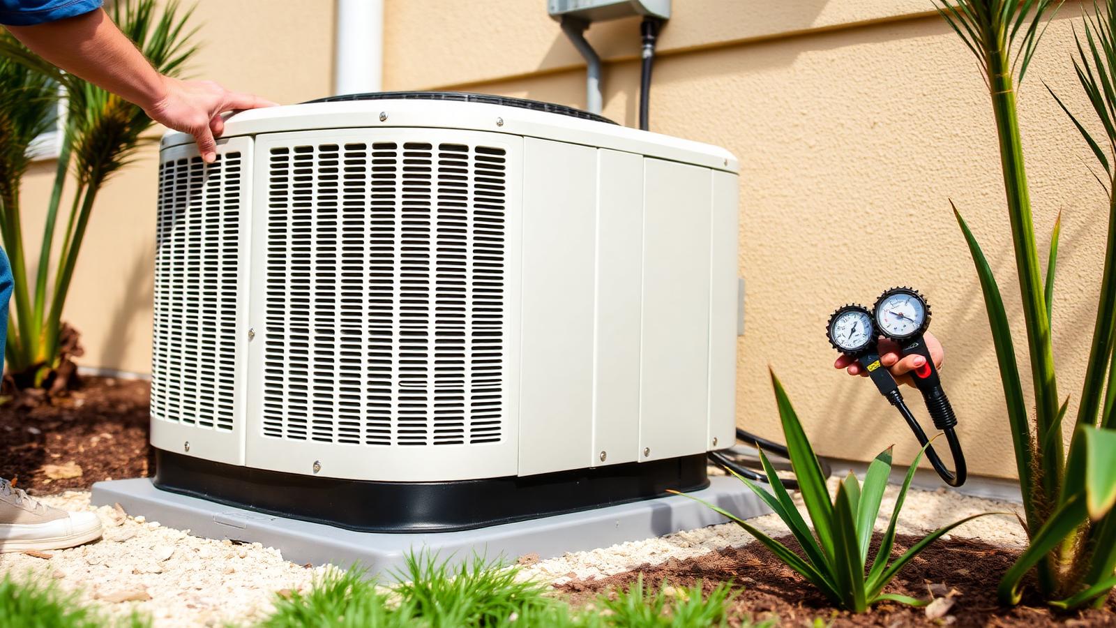 Outdoor air conditioning condenser unit beside a Jacksonville home surrounded by palms and summer greenery