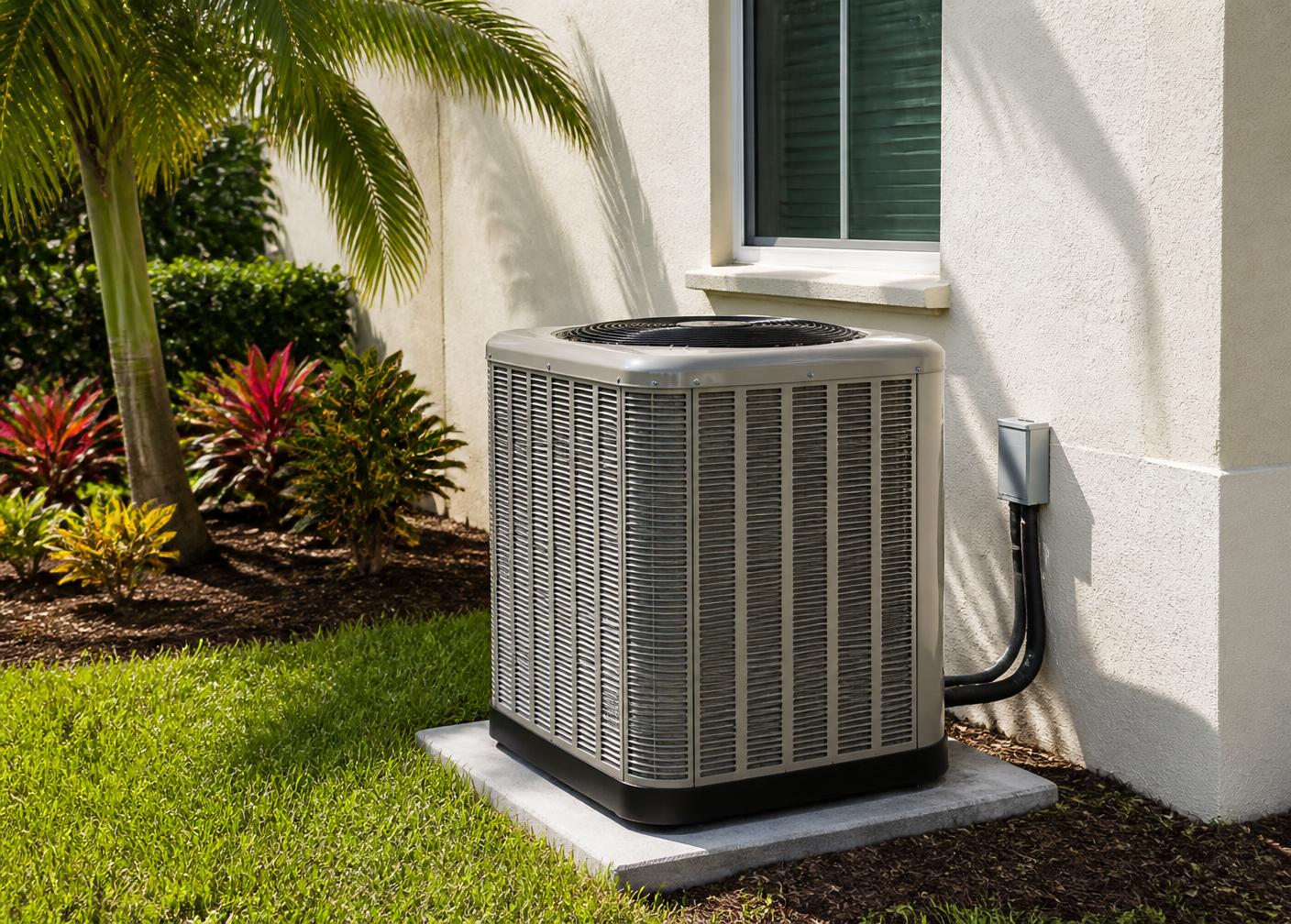 Weathered AC condenser tucked against a pale-stucco Seminole Heights bungalow surrounded by tropical shrubs