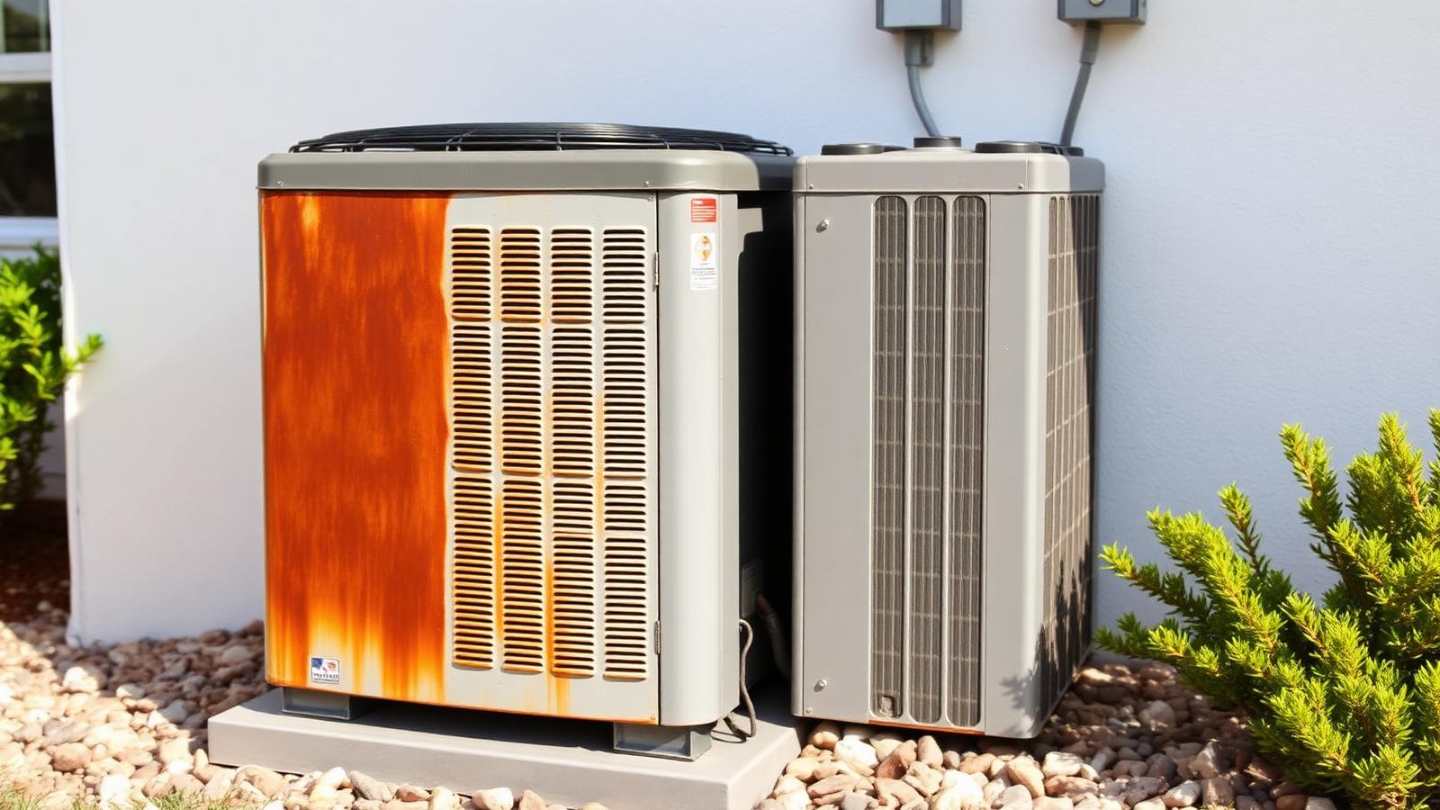 Salt-corroded outdoor air conditioning condenser beside a white stucco home in Fort Lauderdale, Florida