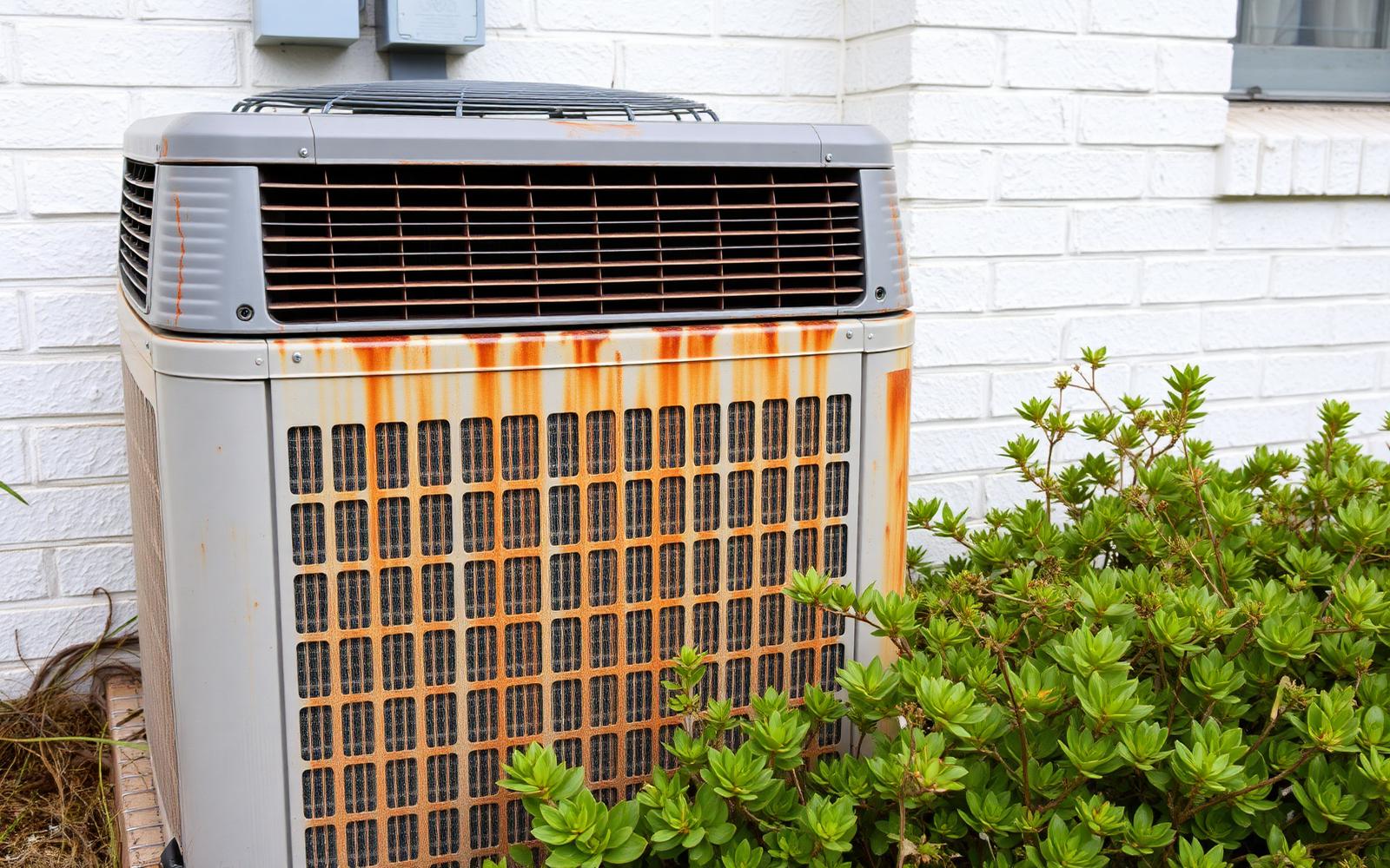 Salt-corroded outdoor air conditioning condenser beside a white painted block home in St. Petersburg, Florida