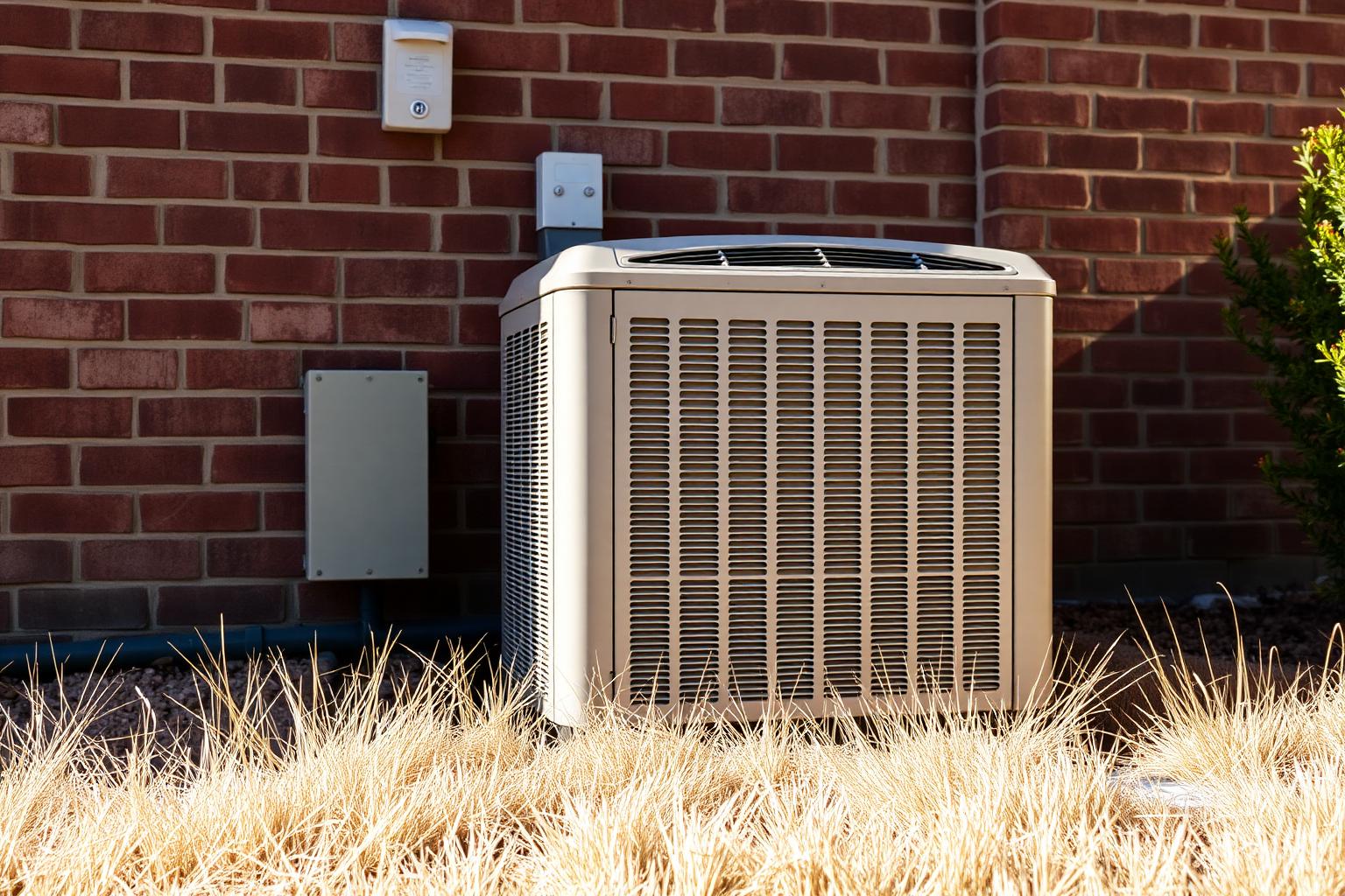 Outdoor air conditioning condenser beside a red brick North Texas home in harsh Dallas summer sunlight