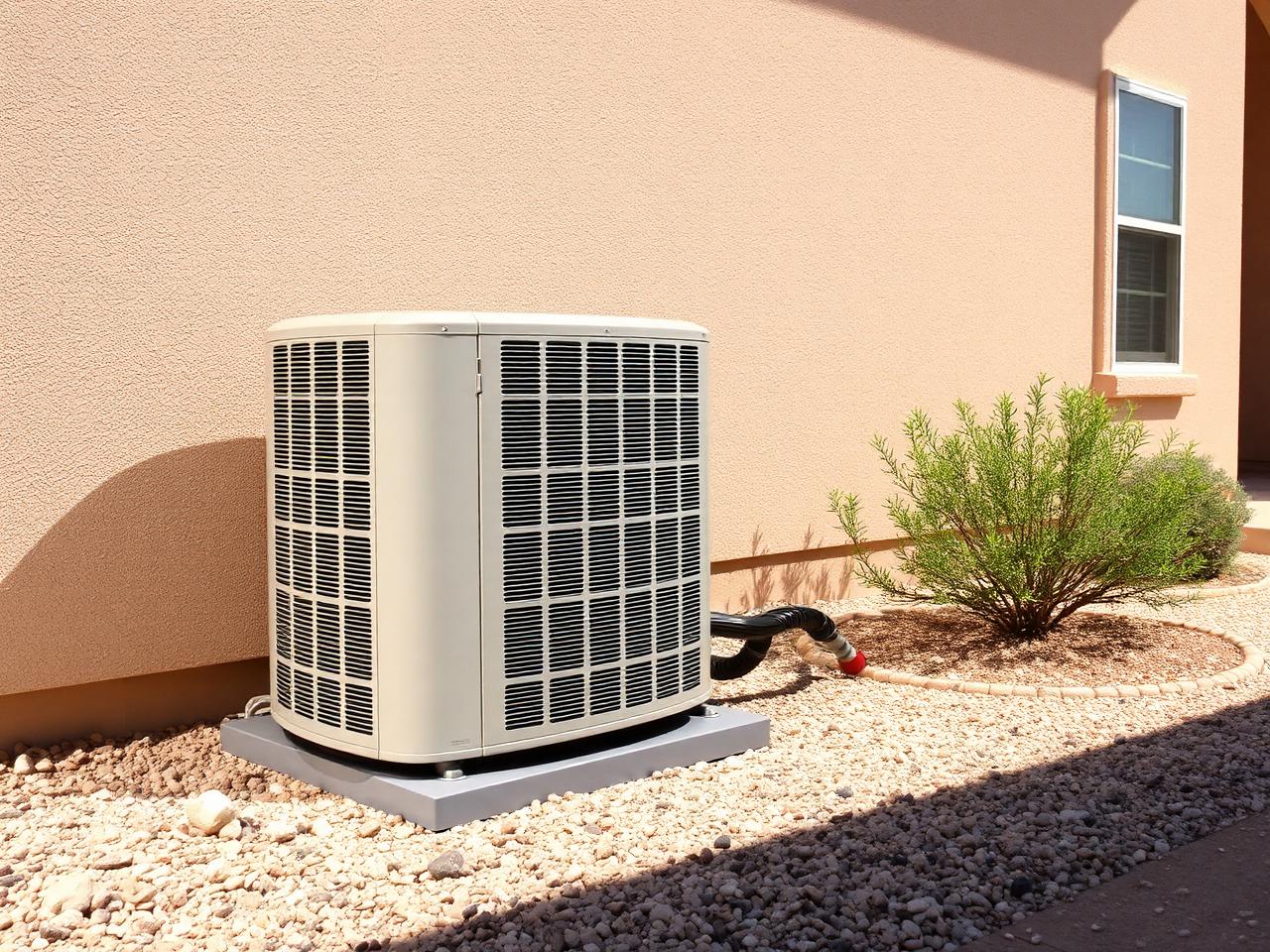 Outdoor air conditioning condenser beside a stucco San Antonio, Texas home in harsh South Texas summer sun