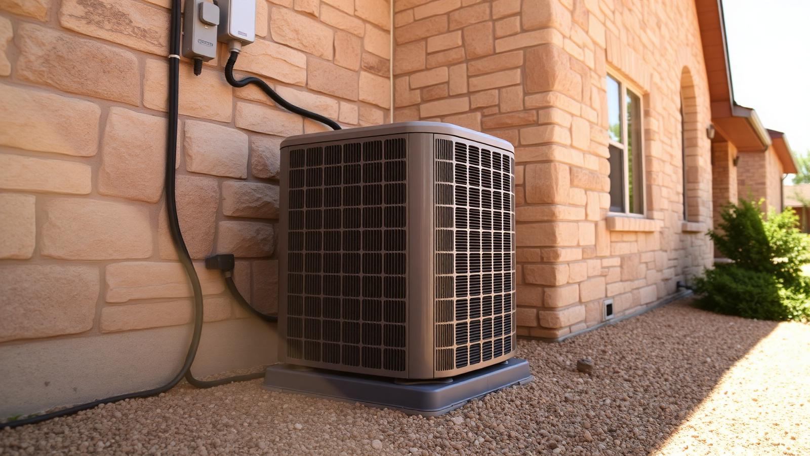 Outdoor air conditioning condenser beside a limestone-clad Austin, Texas home in harsh summer sunlight