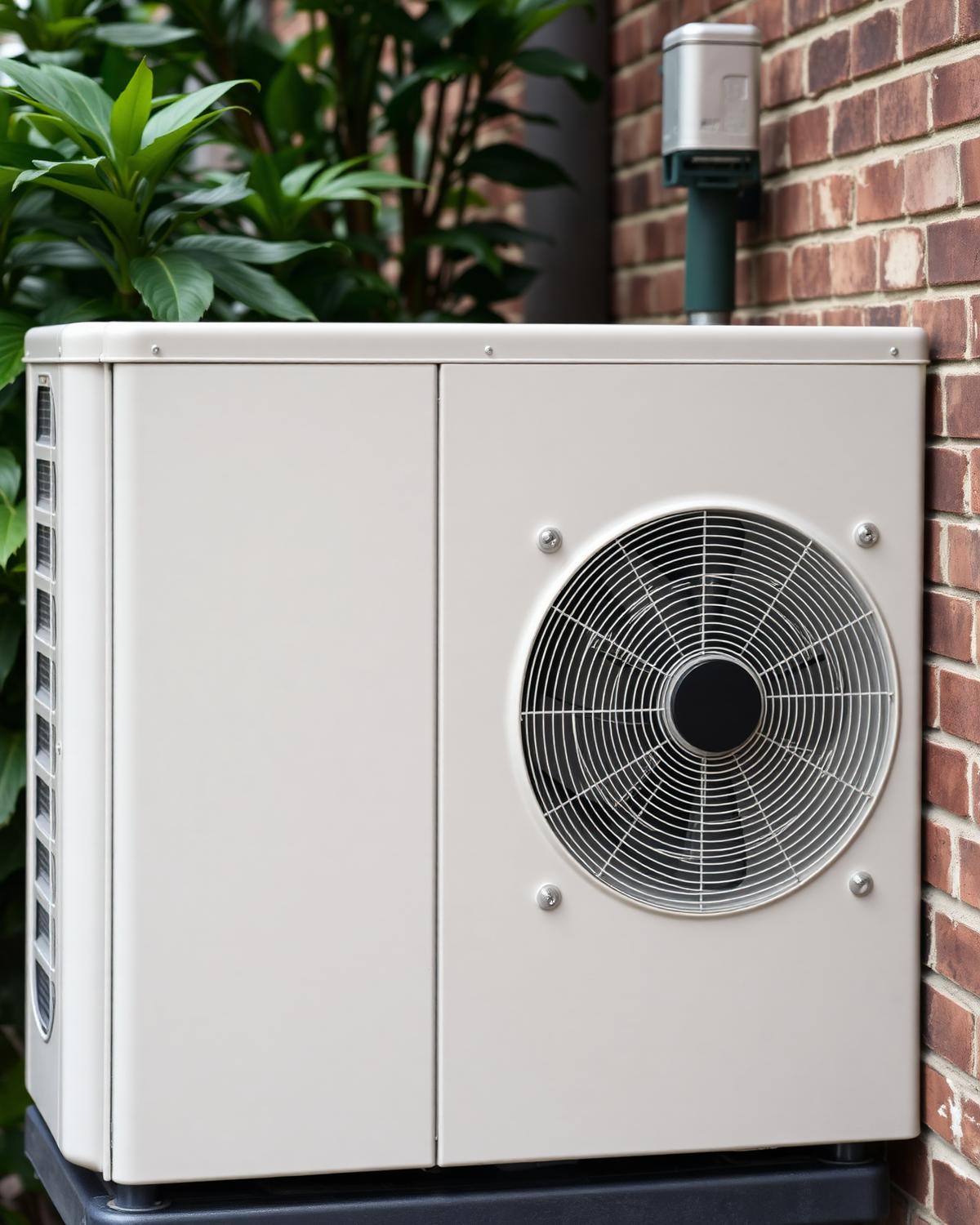 Outdoor air conditioning condenser beside a brick Houston, Texas home in humid Gulf Coast summer light