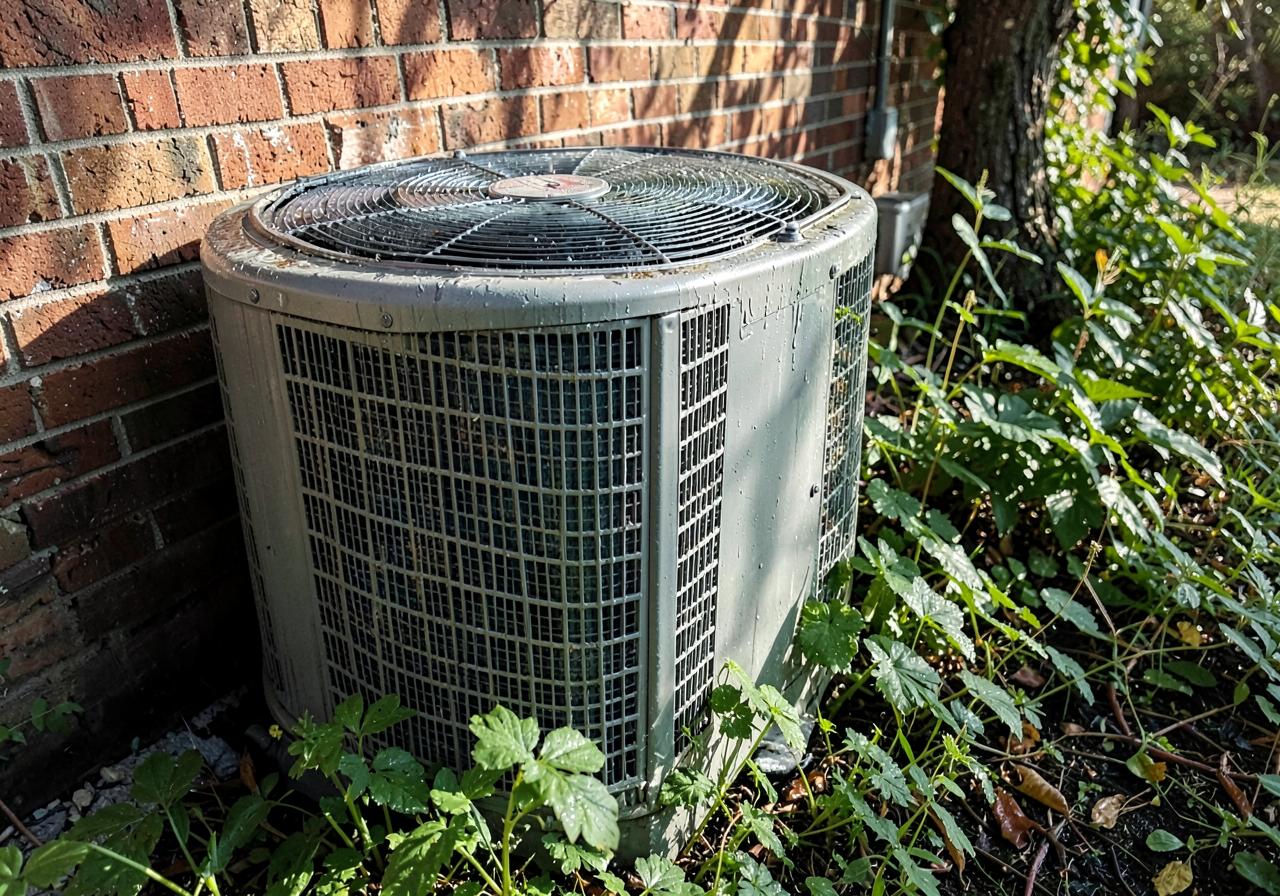 Outdoor air conditioning condenser unit beside a brick wall surrounded by damp green foliage