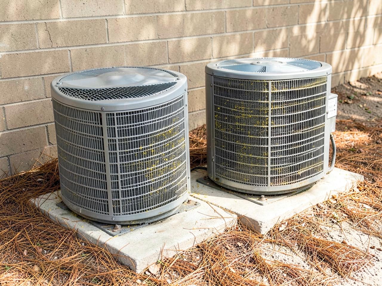 Outdoor air conditioning condenser units on a concrete pad beside a brick wall with pine straw and yellow pollen on the fins