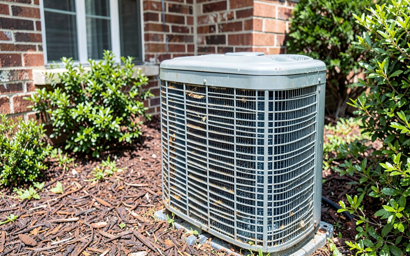Outdoor residential air conditioning condenser beside a brick house with pollen dusting its fins in spring light