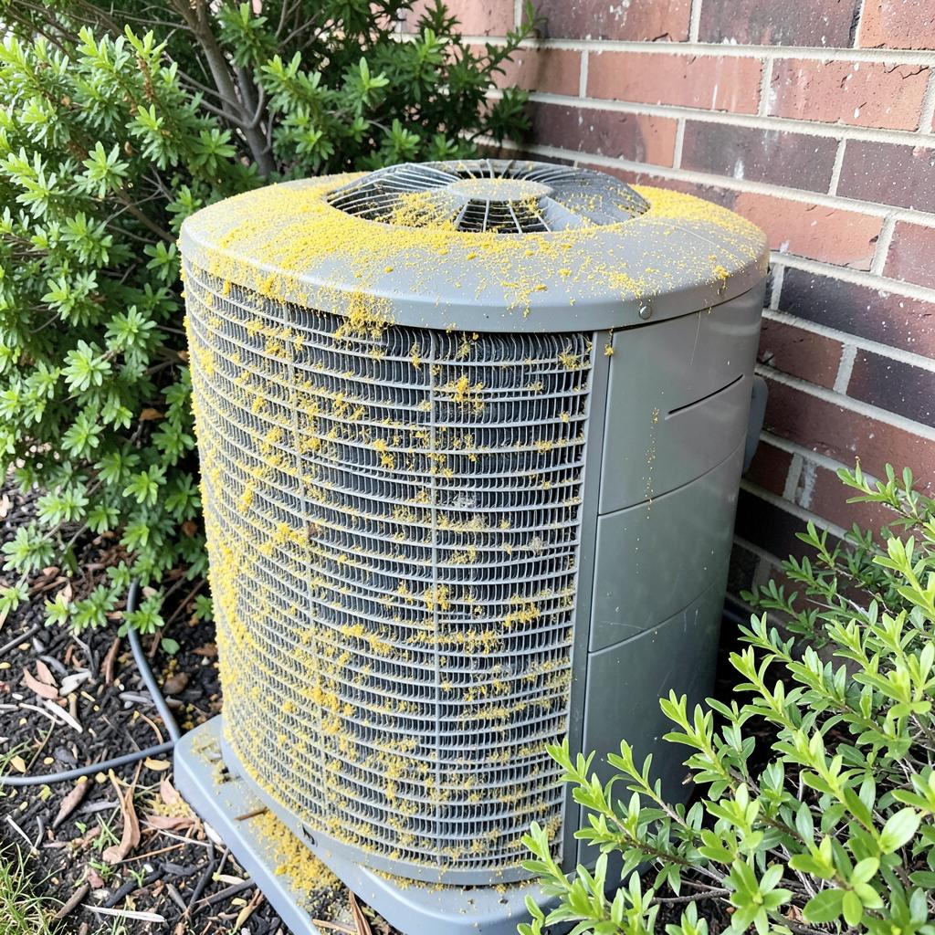 Outdoor air conditioning condenser coated in yellow pine pollen dust beside a brick wall and green shrubs