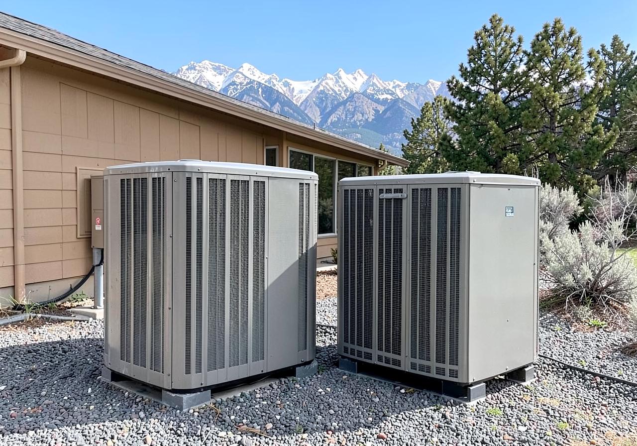 Two outdoor air conditioning condenser units on a gravel pad beside a tan single-story home with snow-capped Sierra Nevada peaks behind