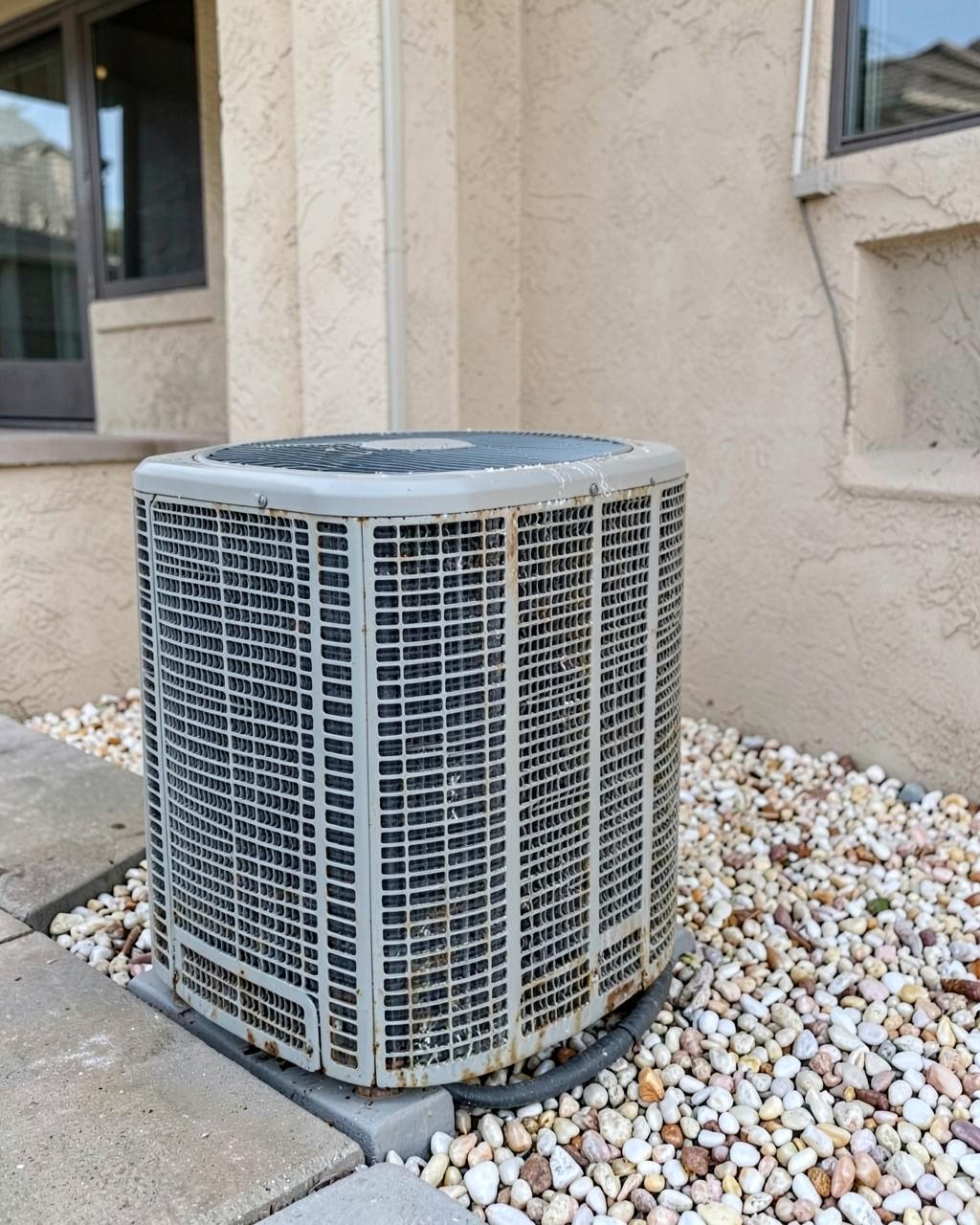 Outdoor residential air conditioning condenser with salt-corroded fins beside a stucco coastal house