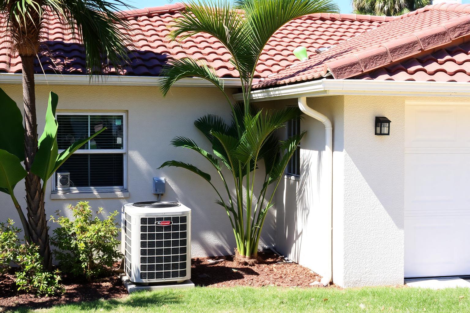 Outdoor air conditioning condenser beside a pale stucco Orlando home with a tile roof and tropical planting