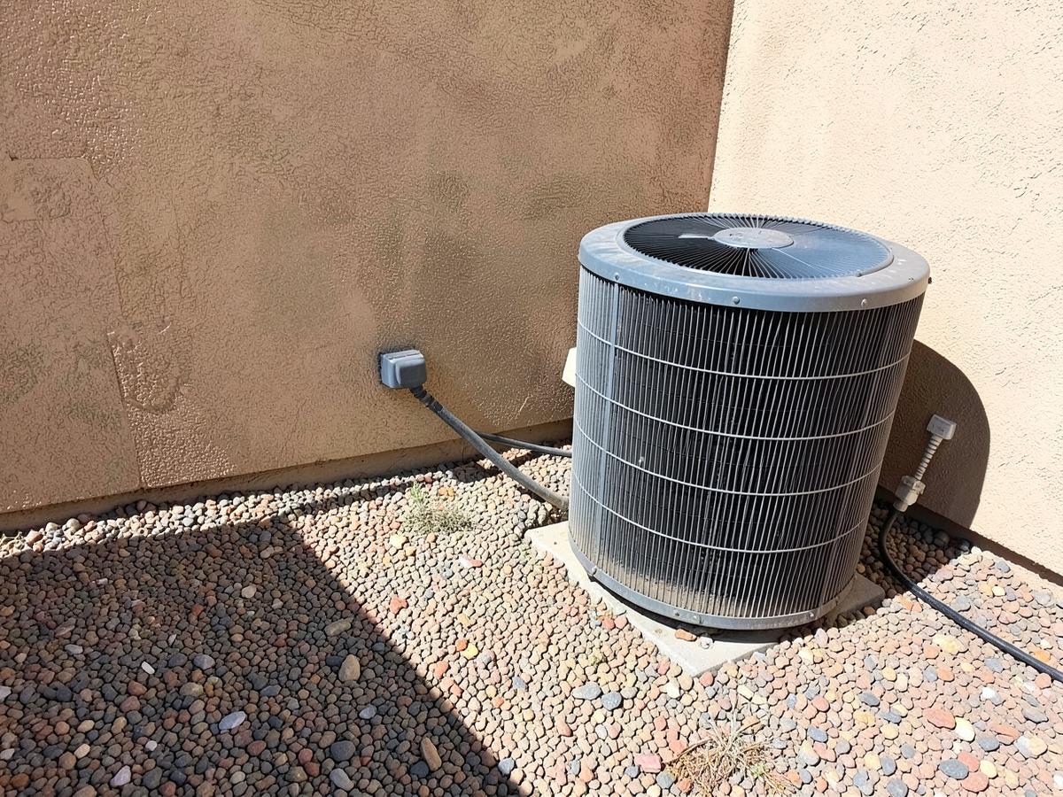 Dusty outdoor air conditioning condenser beside a stucco wall on desert gravel in blazing midday sun