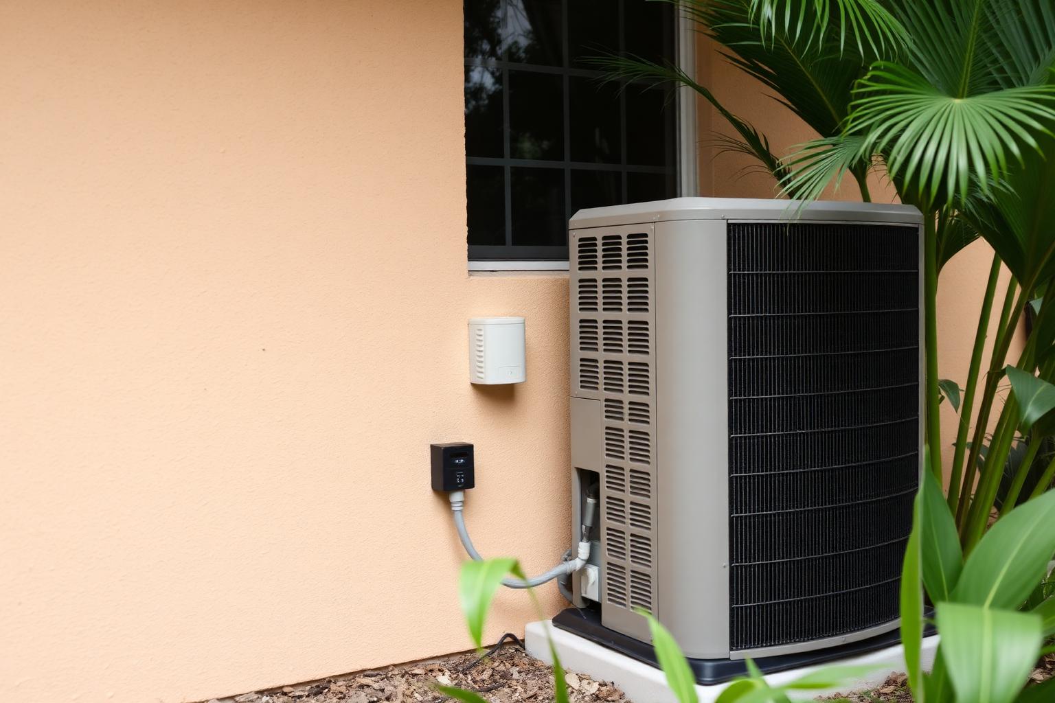 Split-system condenser humming beside a stucco wall in a Coral Gables backyard, tropical foliage crowding the unit