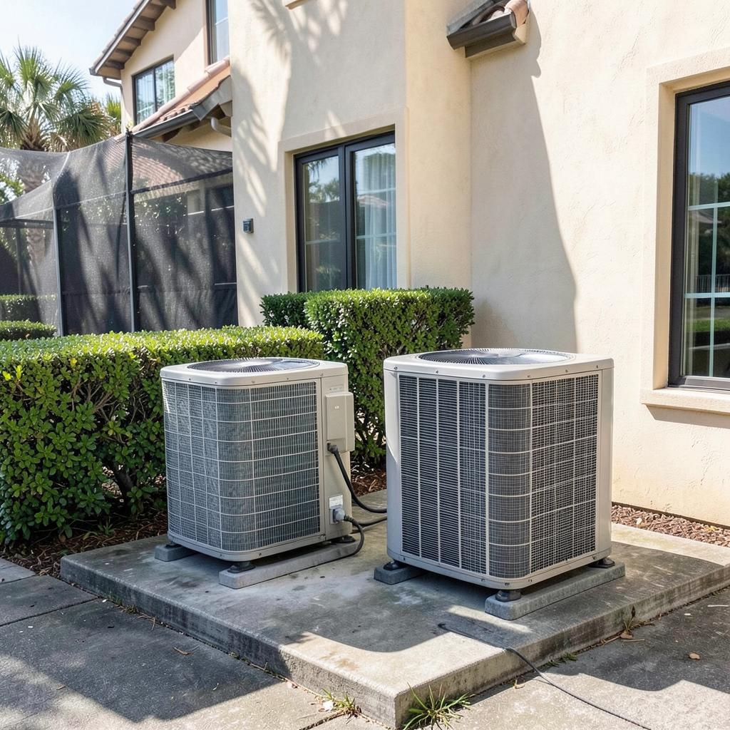 Outdoor air conditioning condensers beside an upscale coastal home surrounded by palmetto planting