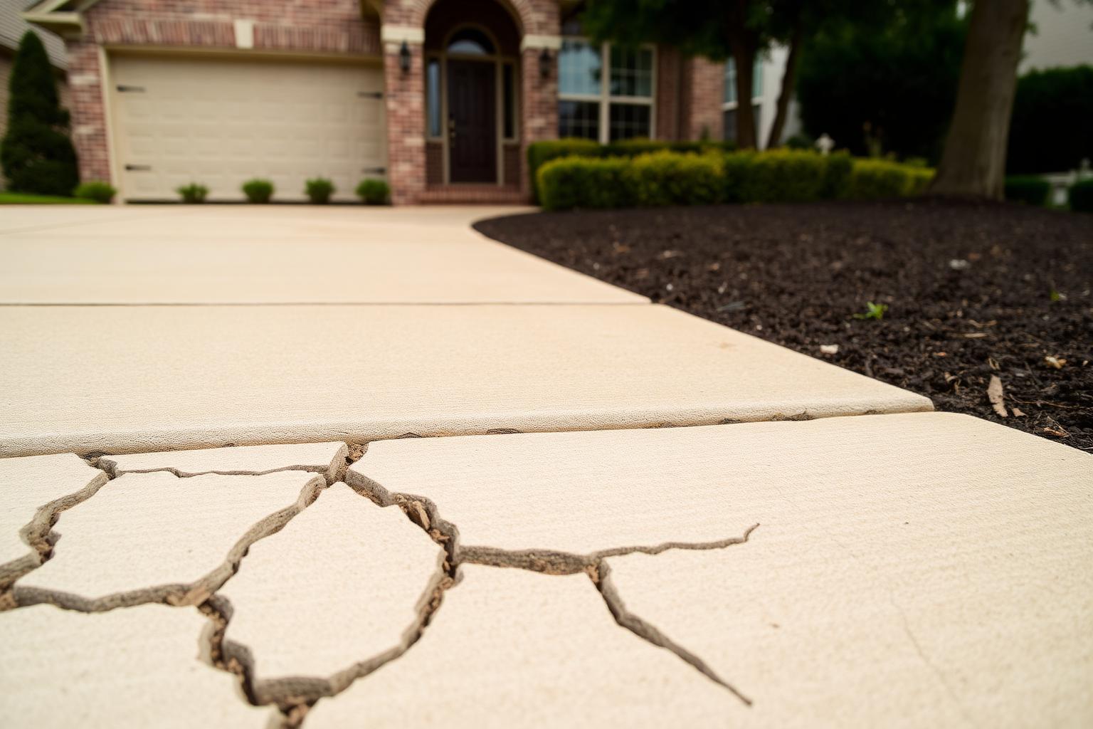 Diagonal crack running across a suburban Richardson driveway slab from decades of clay soil movement