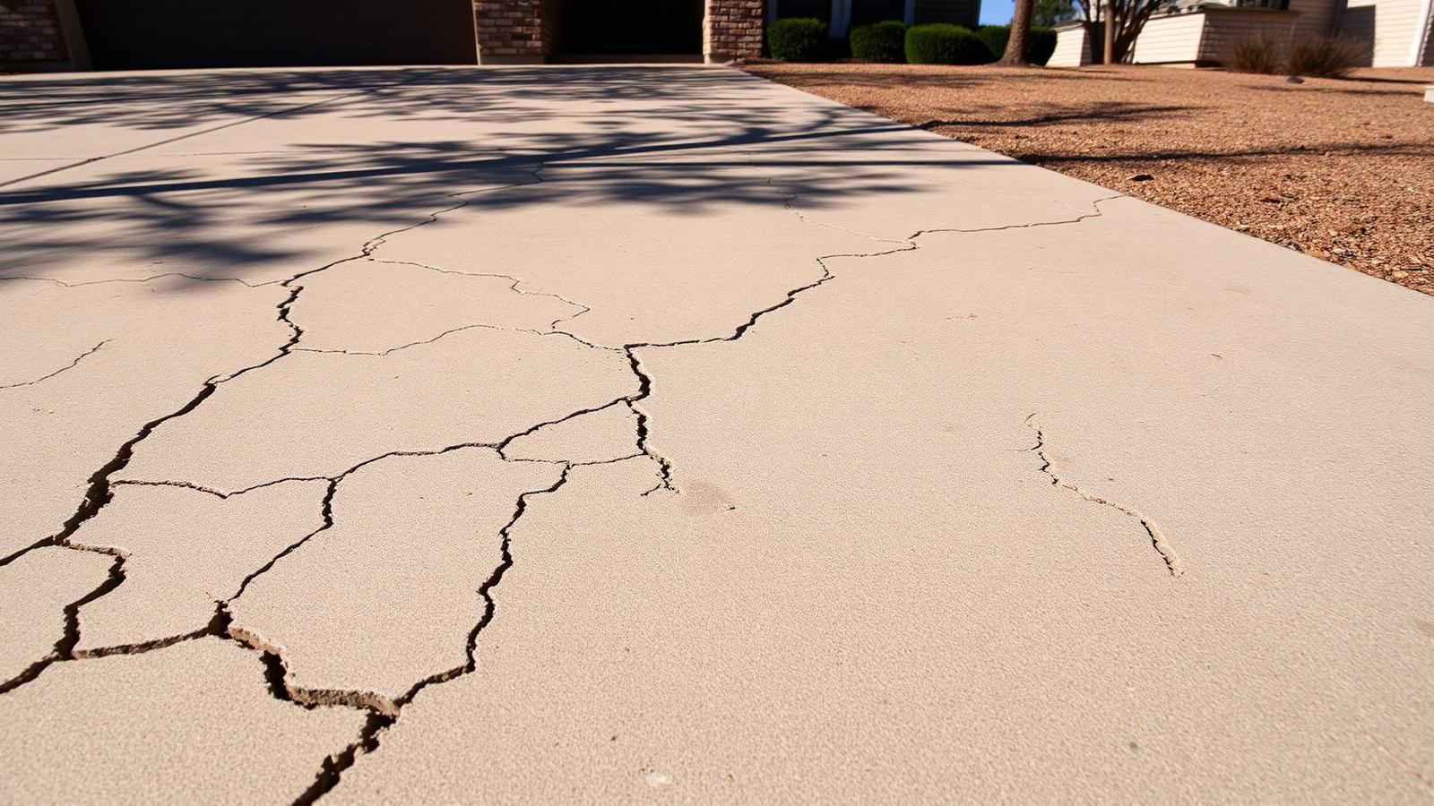 Cracked concrete driveway on expansive clay soil in front of a Central Texas suburban home
