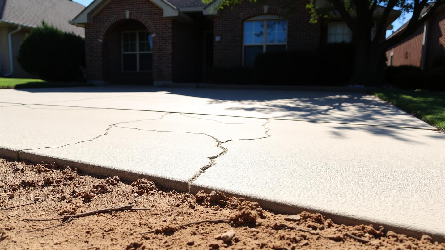 Cracked concrete driveway on shifting clay soil in front of a San Antonio-area suburban brick home