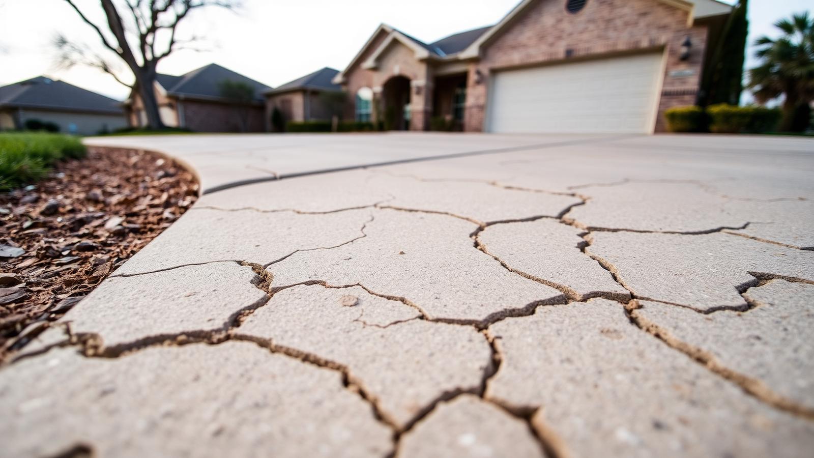 Driveway slab cracked along control joints where Houston-area gumbo clay has shifted seasonally