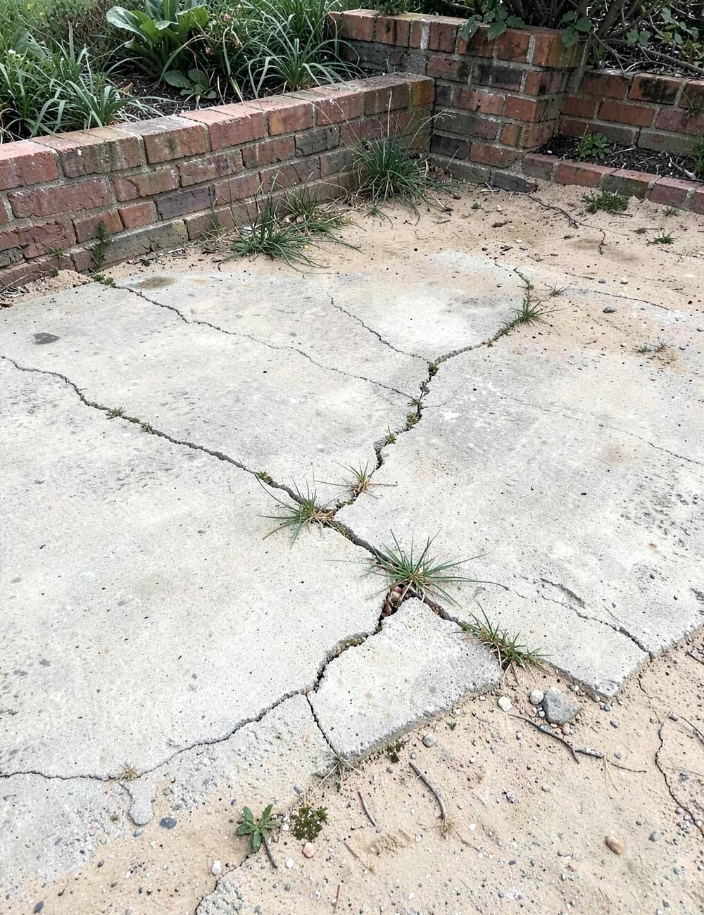 Cracked and settled concrete slab in pale sandy coastal soil with grass pushing through the joints beside a low brick wall