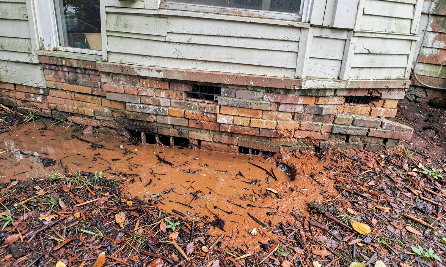 Rainwater standing in red clay mud against the brick pier foundation and crawlspace vents of an older southern house