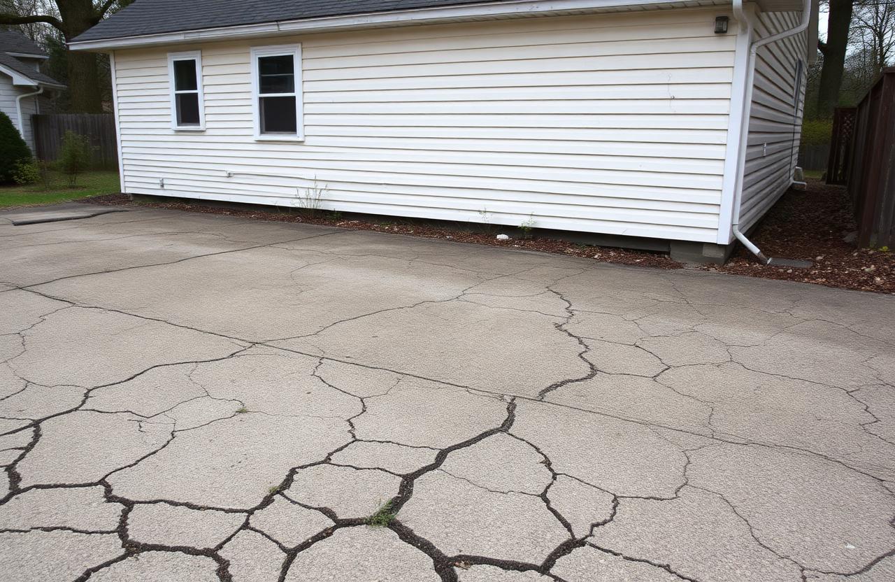Badly cracked older concrete driveway with weeds in the joints beside a modest clapboard house