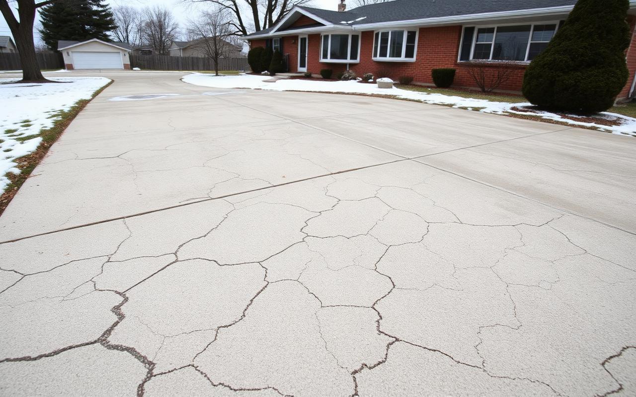 Concrete driveway with wide cracked joints beside a brick ranch house with patchy melting snow on the lawn
