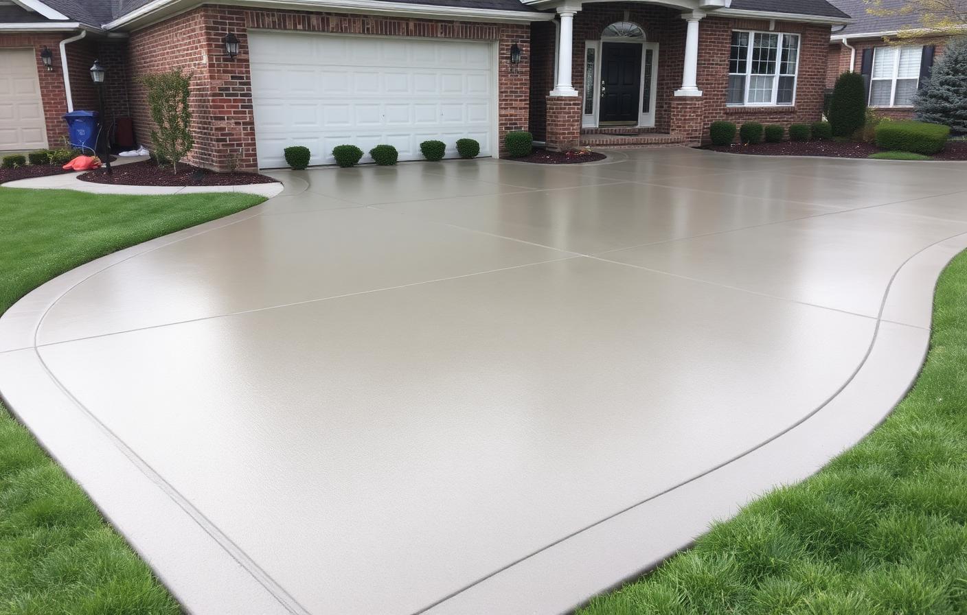 Freshly poured concrete driveway slab outside a Naperville home with visible control joints and edging