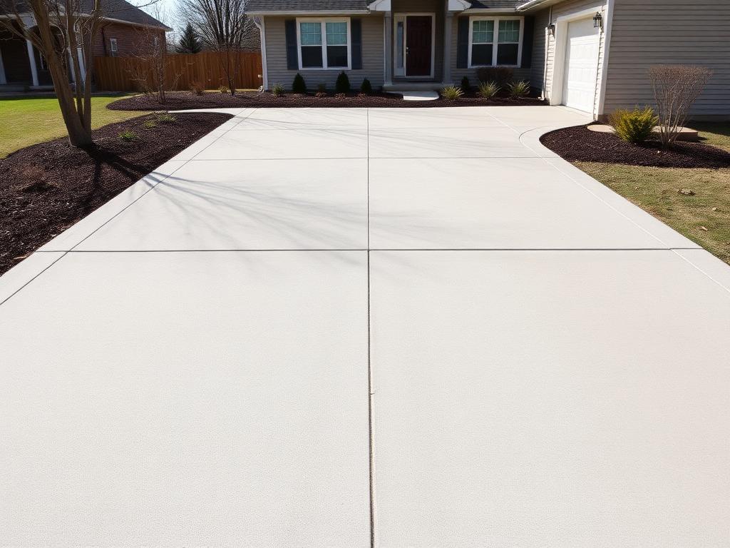 Freshly poured concrete driveway slab outside a Rockford home with visible control joints and edging