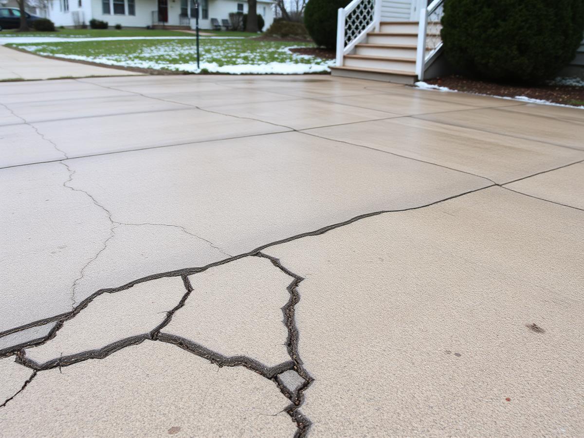 Cracked and heaved concrete driveway beside an older house after a freeze-thaw winter