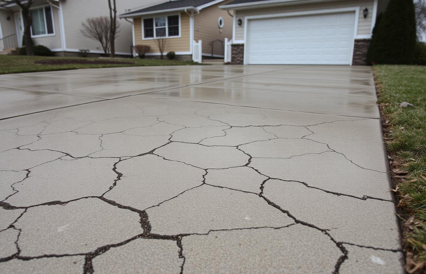 Freshly poured concrete driveway slab outside a Peoria home with visible control joints and edging