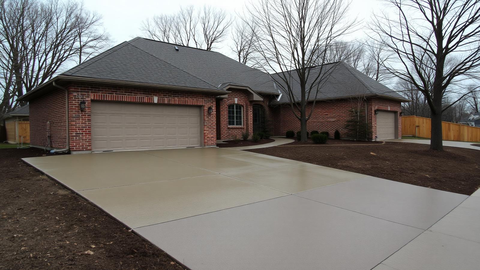Freshly poured concrete driveway slab beside an older home, with visible freeze-thaw cracking on the adjacent older section
