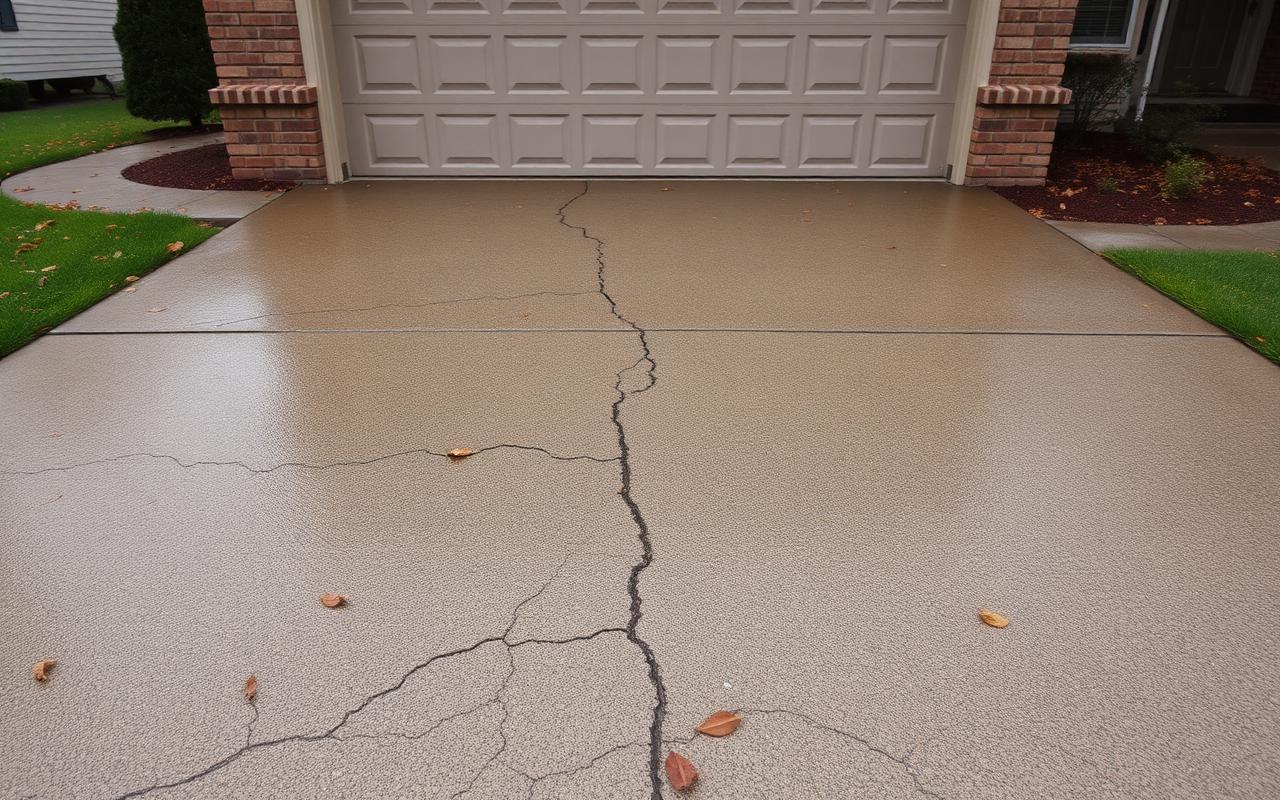 Cracked concrete driveway on a Levittown tract home after a Long Island freeze-thaw winter