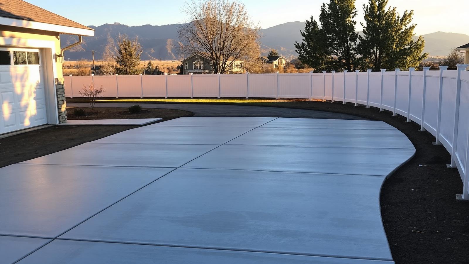 Freshly poured concrete driveway and new white vinyl fence at a recently finished suburban home with mountains beyond