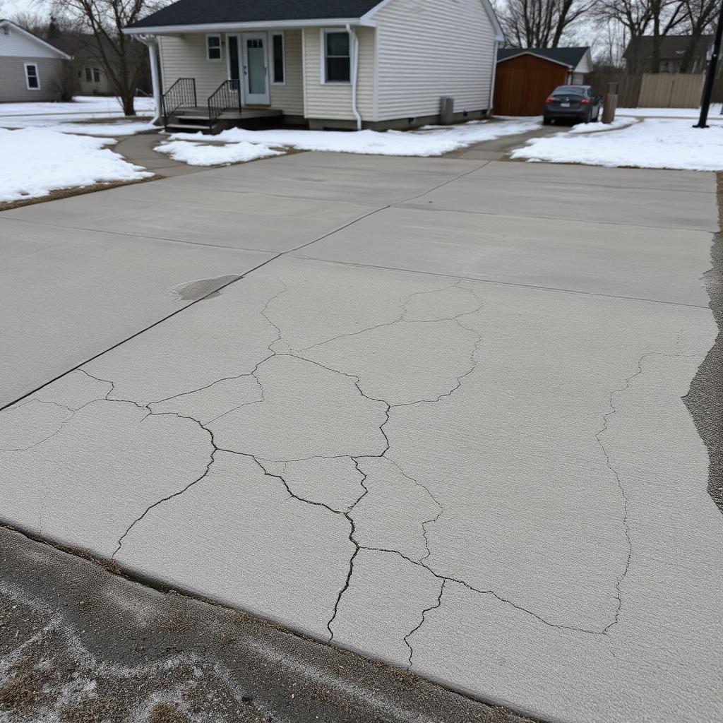 Cracked and heaved concrete driveway beside a modest house with melting snow along its edges