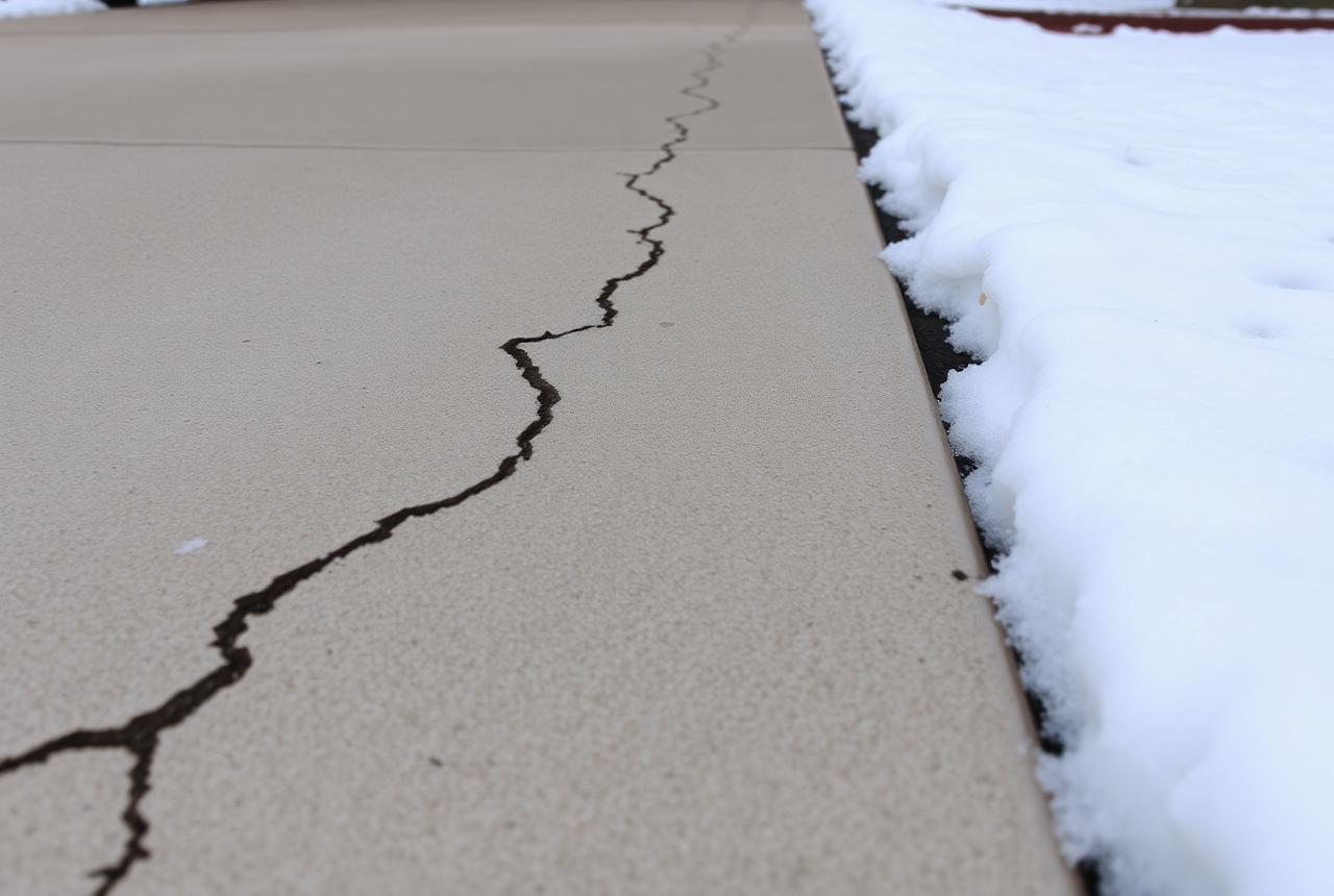 Concrete driveway with a frost crack in a Mechanicsburg neighborhood after a Cumberland County winter