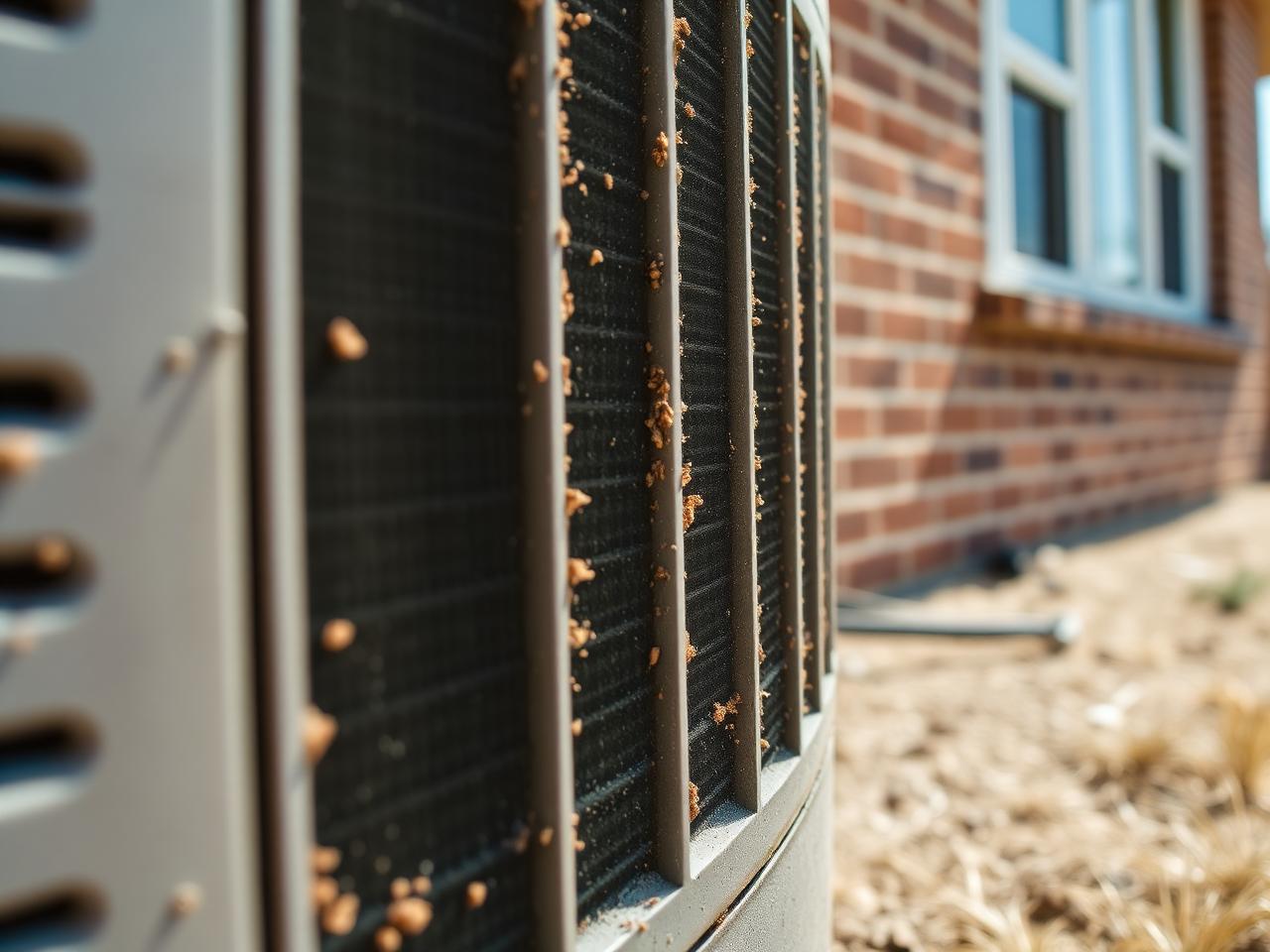 Dust-caked HVAC condenser unit cleaned after a spring dust storm at an Overton Park, Lubbock rental home