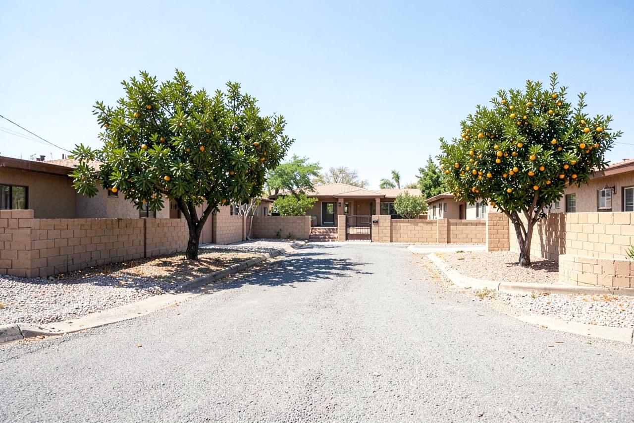Quiet suburban desert street of single-storey stucco homes with block walls, gravel yards and mature citrus trees
