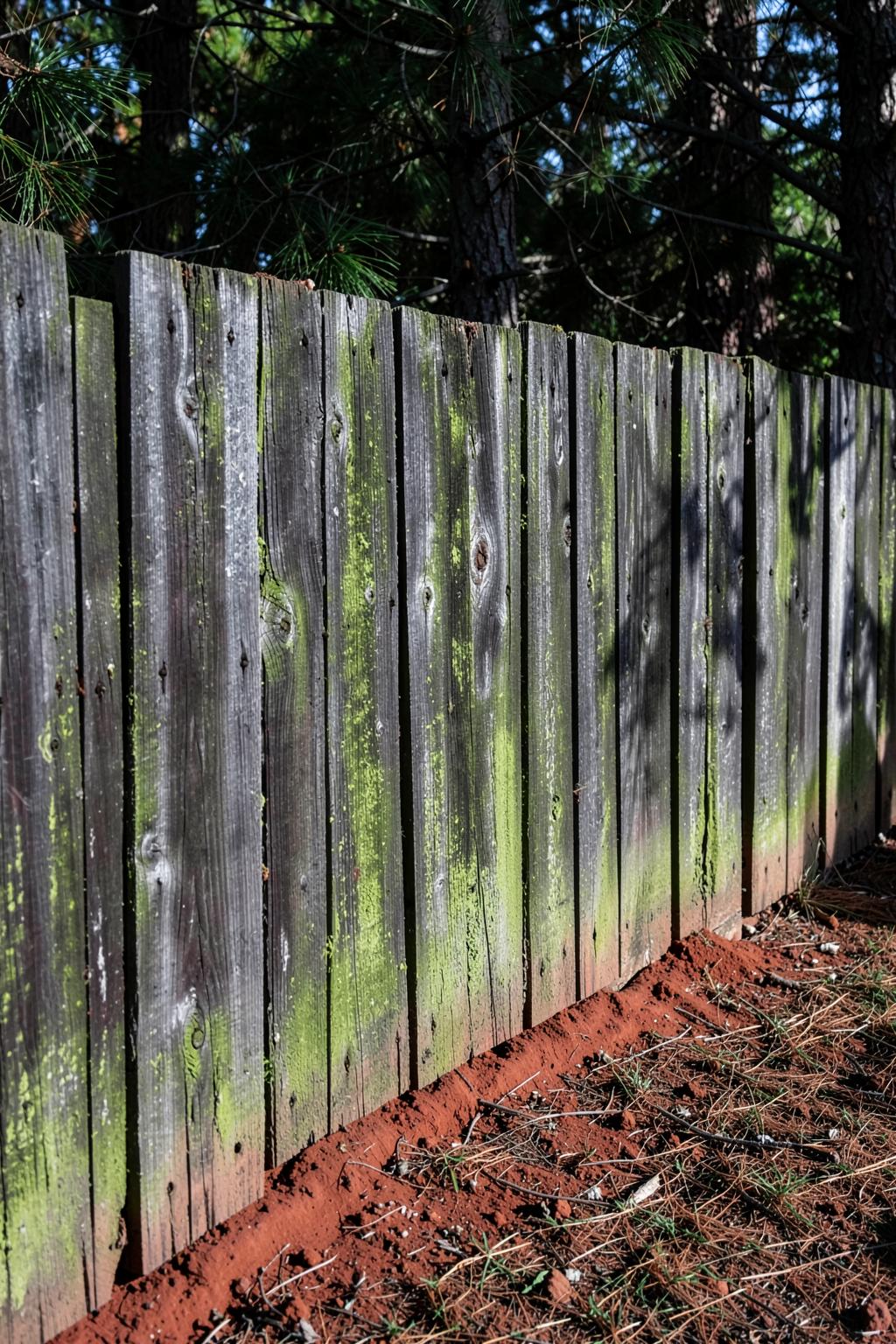 Weathered wooden privacy fence with green algae staining standing in deep pine shade above bare red clay
