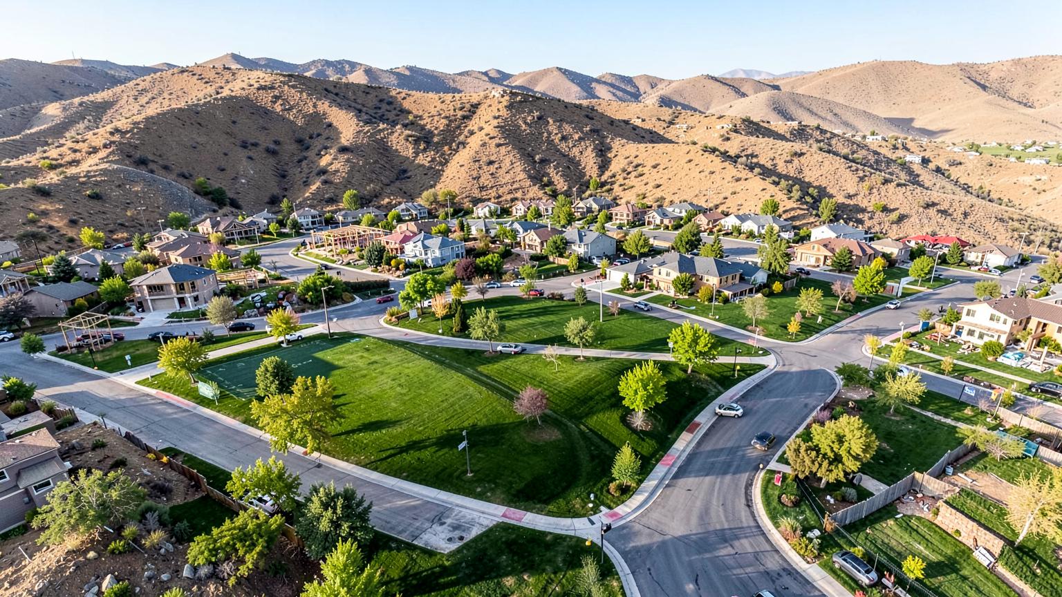 Aerial view of a newly built neighborhood of wide streets and fresh lawns at the base of dry brown foothills